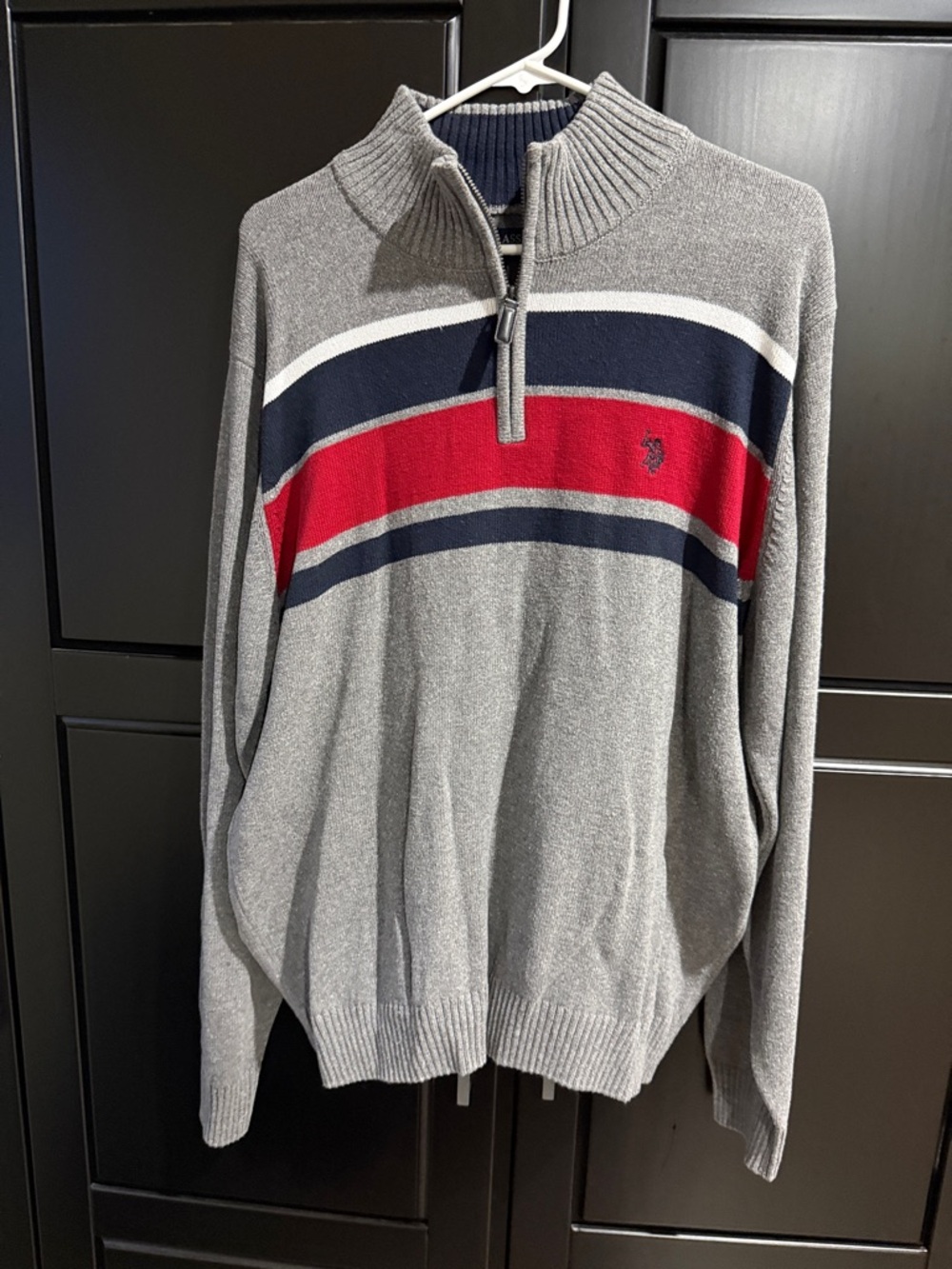 Polo by Ralph Lauren Gray Quarter-Zip Sweater with Red & Navy Stripes